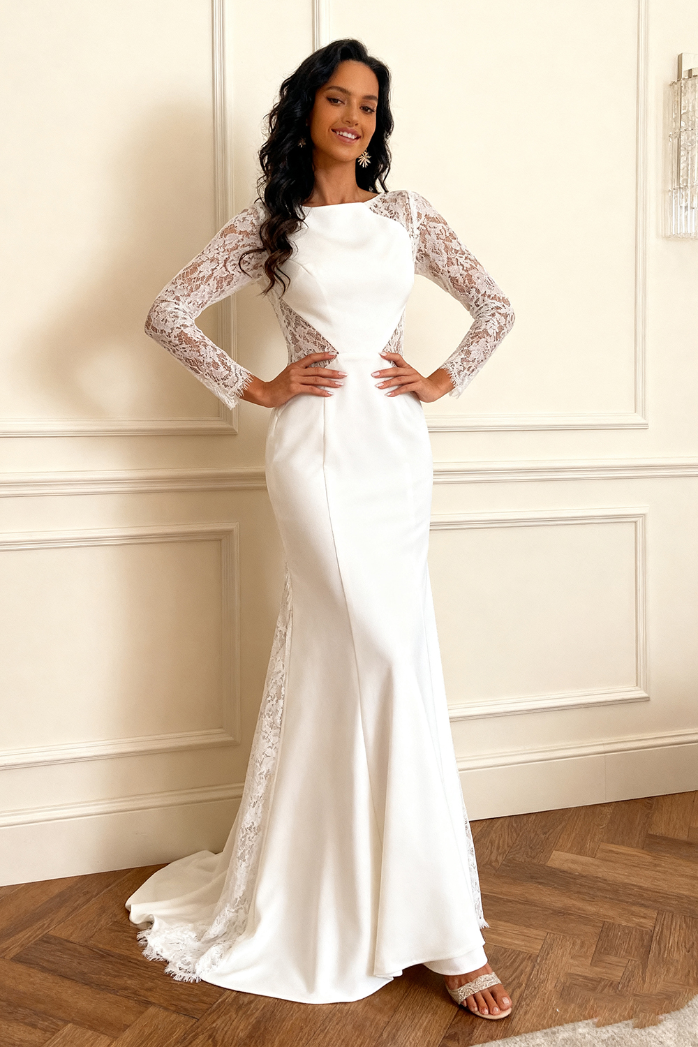 Ivory Mermaid Boat Neck Long Sleeves Mother of the Bride Dress with Lace