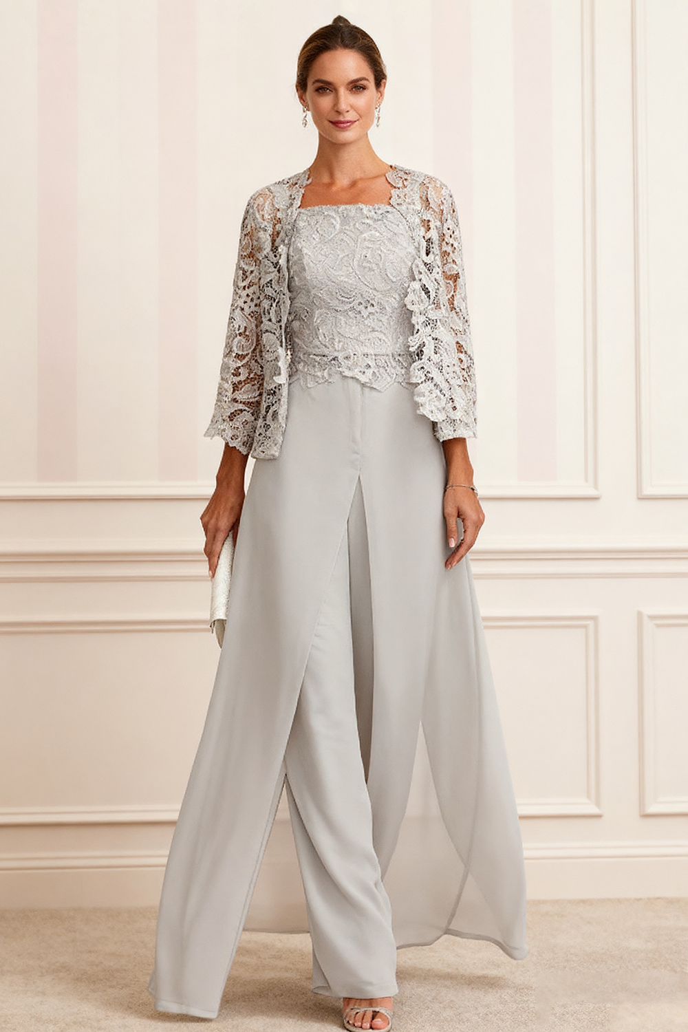 3-Piece Light Grey Chiffon Square Neck Mother of the Bride Pant Suits with Jacket
