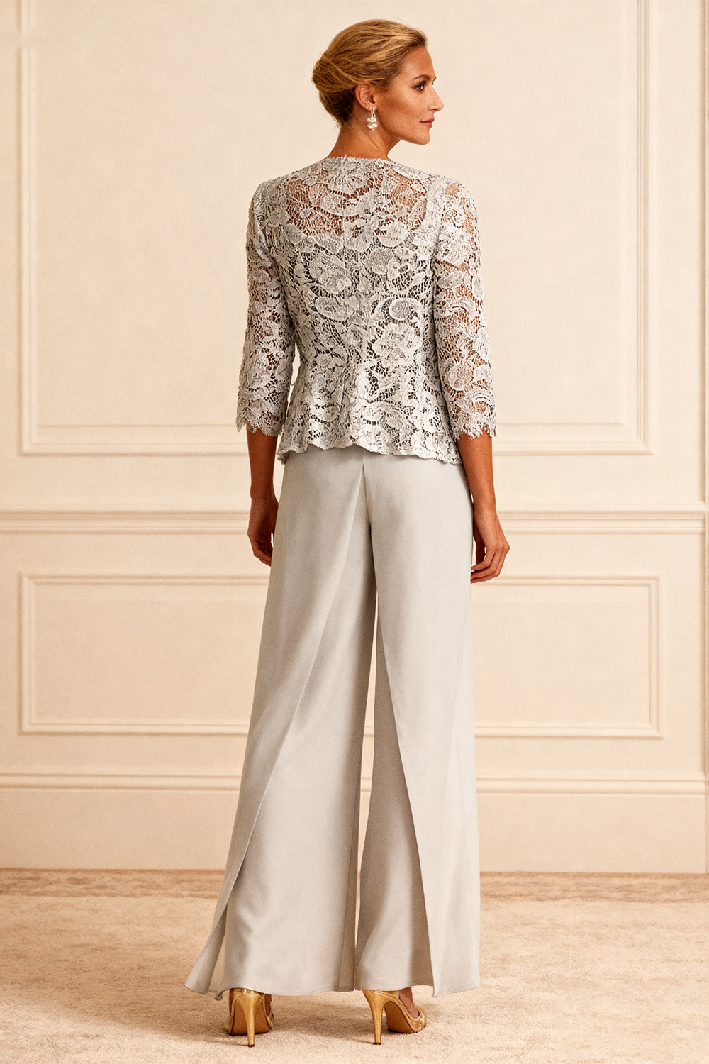 3-Piece Light Grey Chiffon Square Neck Mother of the Bride Pant Suits with Jacket