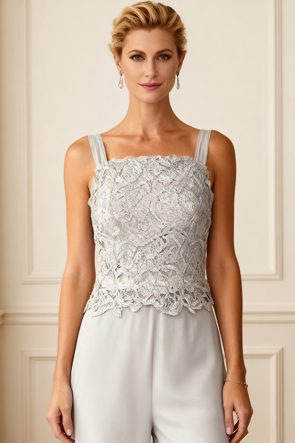 3-Piece Light Grey Chiffon Square Neck Mother of the Bride Pant Suits with Jacket