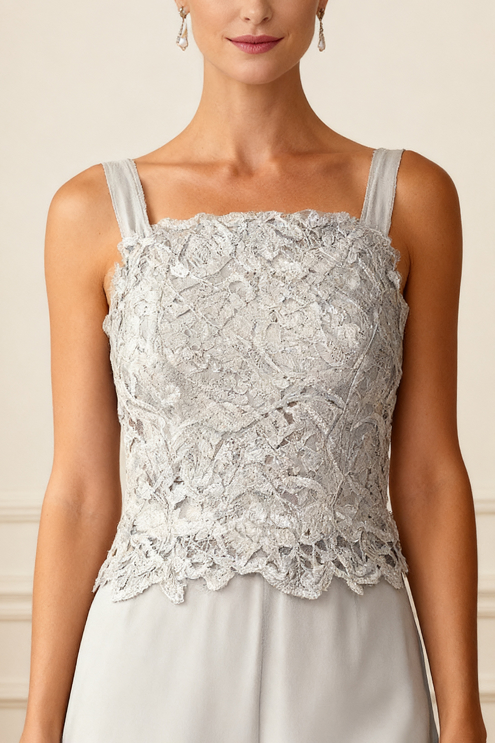 3-Piece Light Grey Chiffon Square Neck Mother of the Bride Pant Suits with Jacket