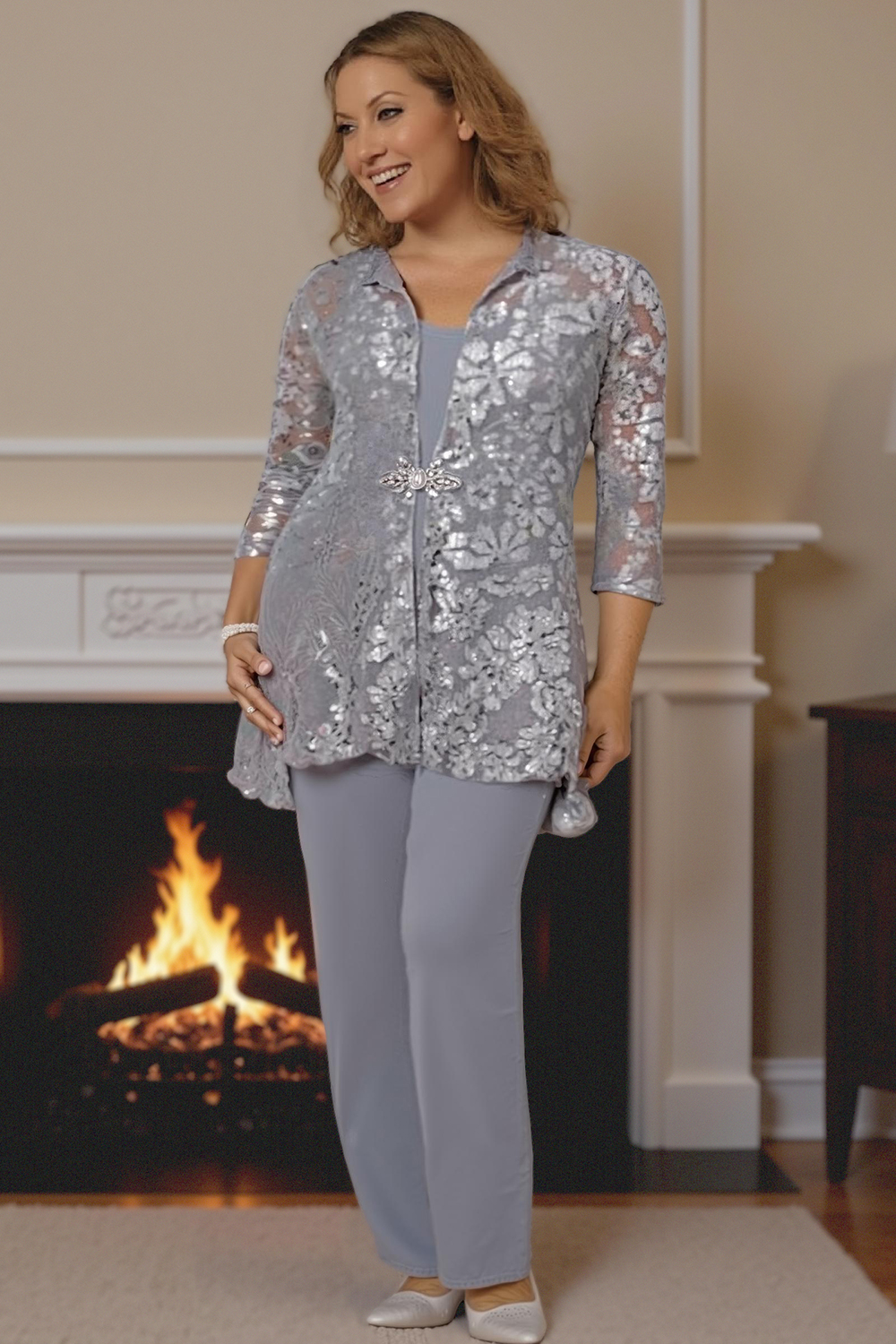 Sparkly Silver Round Neck Chiffon 3-Piece Mother of the Bride Pant Suits with Sequins