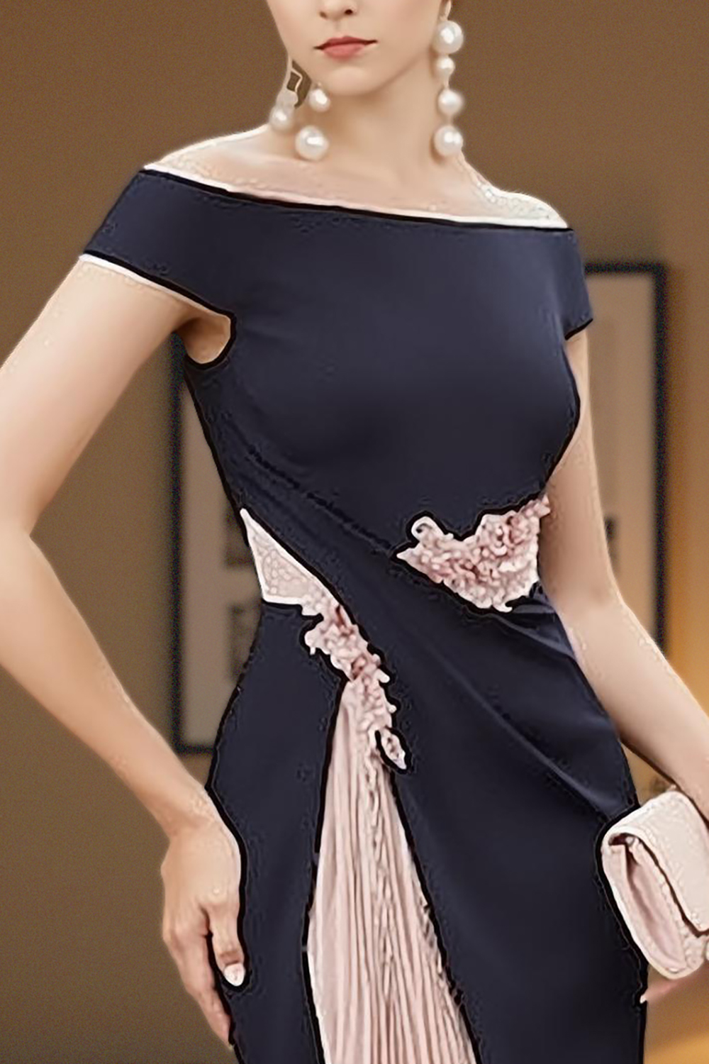 Navy and Blush Pink Satin Bodycon Midi 2-Piece Mother of the Bride Dress with Jacket
