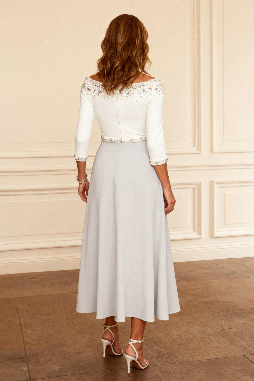 Ivory A Line Boat Neck Tea-Length Mother of the Bride Dress with Sleeves