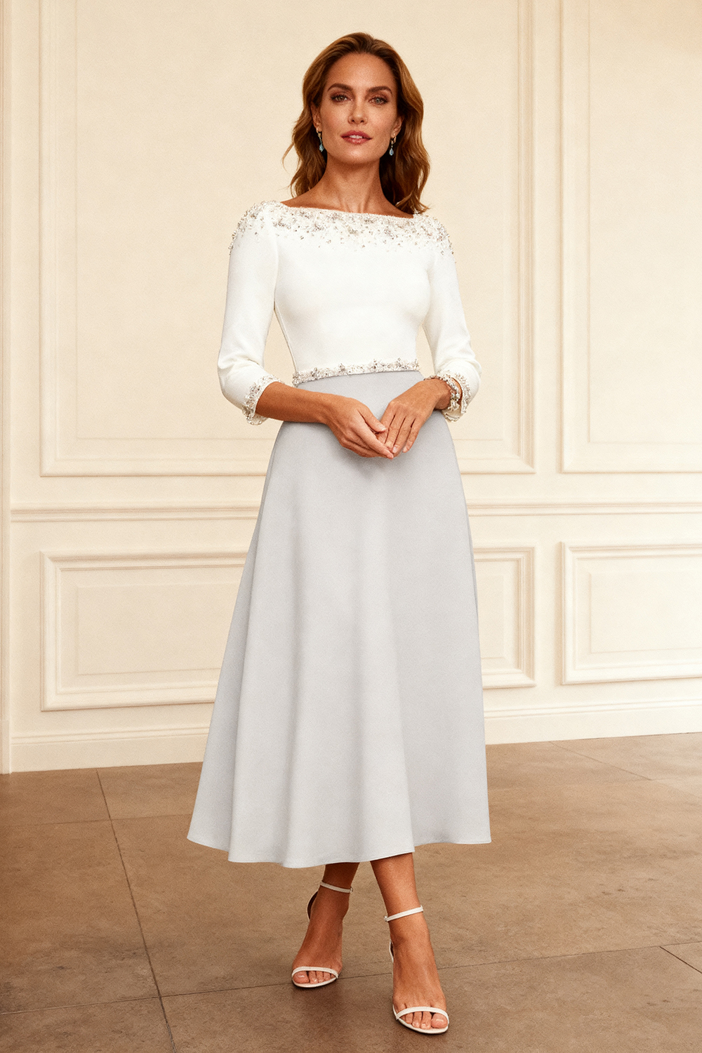 Ivory A Line Boat Neck Tea-Length Mother of the Bride Dress with Sleeves