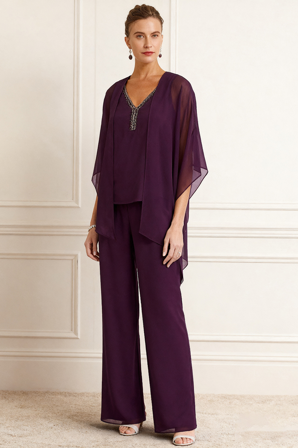 3-Piece Grape Chiffon V-Neck Mother of the Bride Pant Suits with Jacket