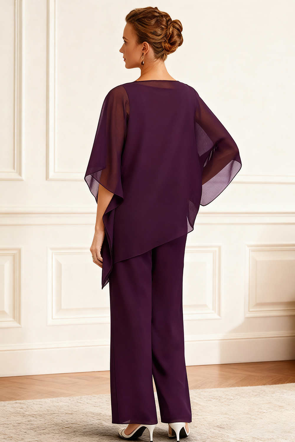3-Piece Grape Chiffon V-Neck Mother of the Bride Pant Suits with Jacket