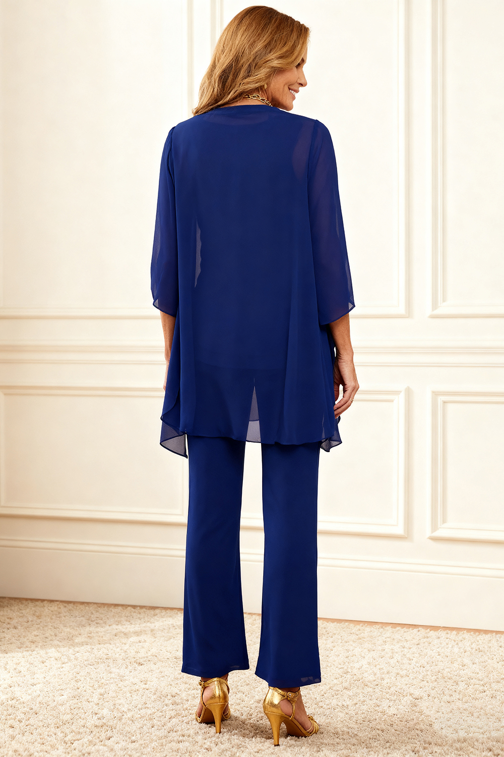 3-Piece Dark Blue Round Neck Chiffon Mother of the Bride Pant Suits with Jacket