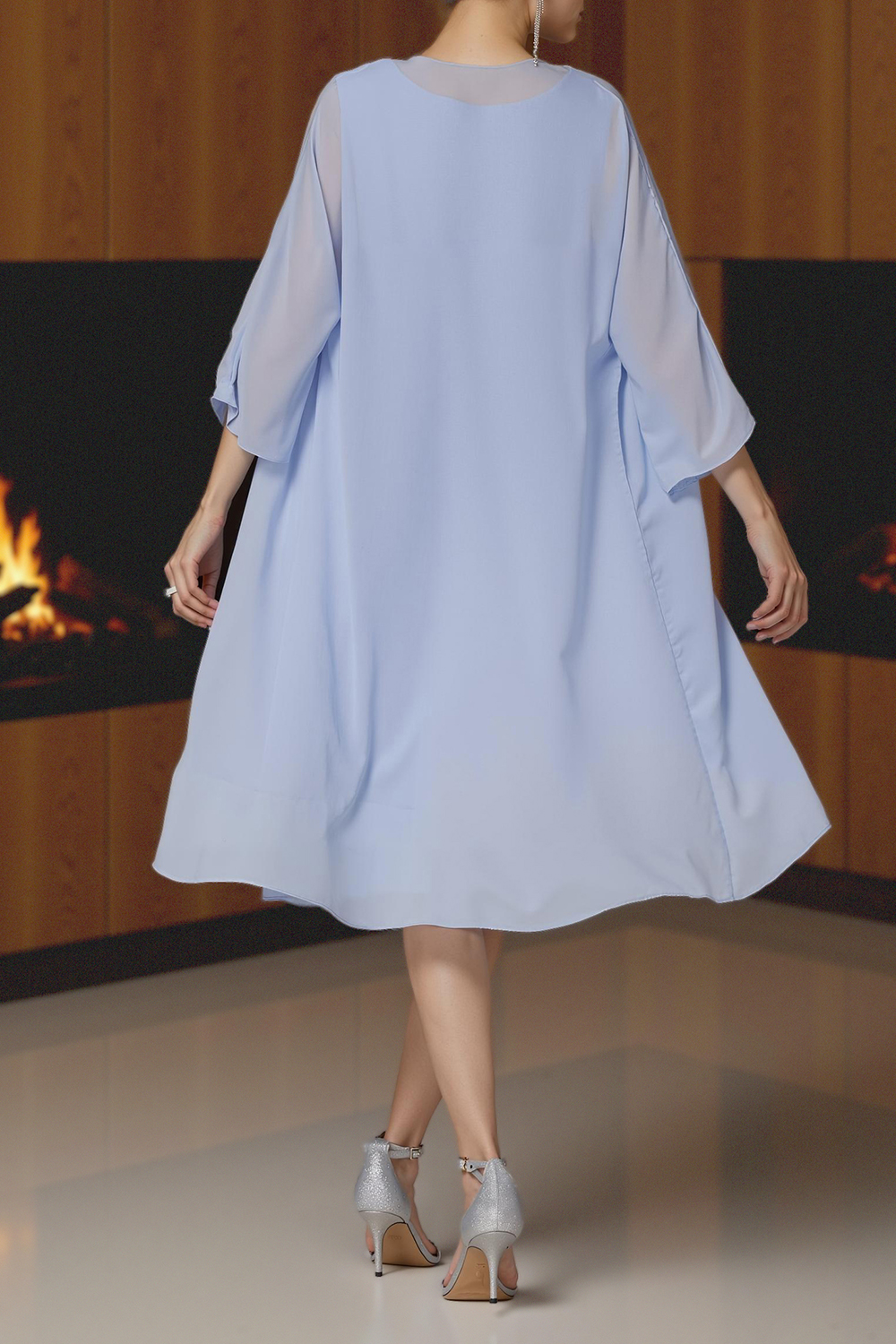 Light Blue Chiffon Boat Neck Midi 2-Piece Mother of the Bride Dress with Jacket