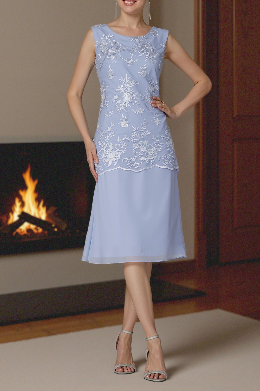 Light Blue Chiffon Boat Neck Midi 2-Piece Mother of the Bride Dress with Jacket