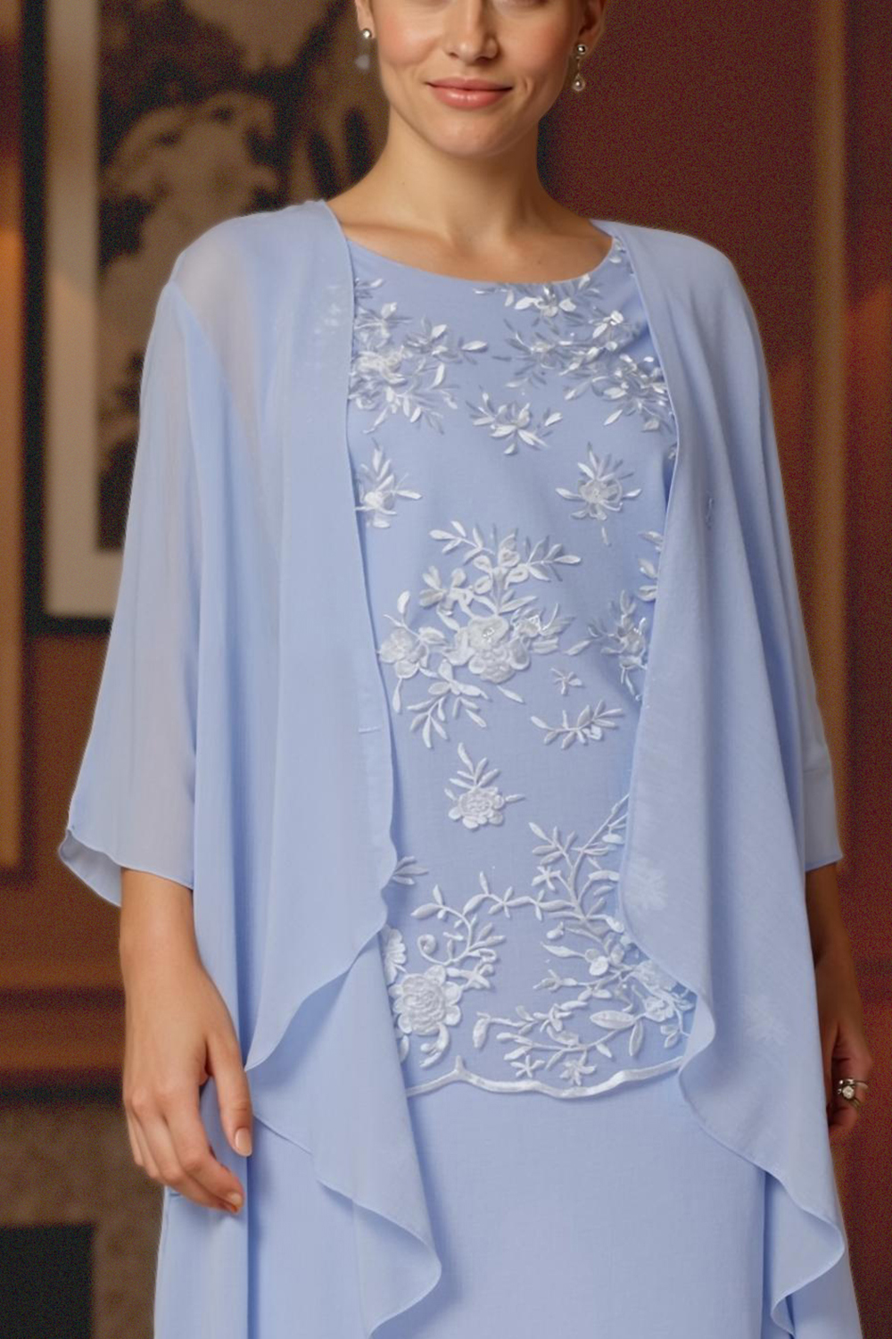 Light Blue Chiffon Boat Neck Midi 2-Piece Mother of the Bride Dress with Jacket