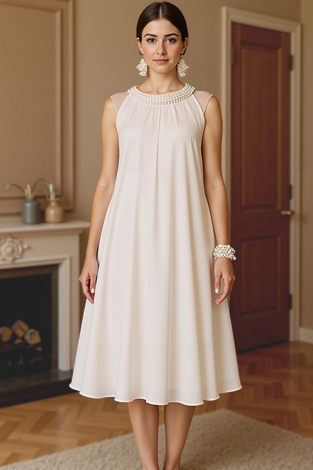 Sparkly Ivory Chiffon Round Neck Midi Mother of the Bride Dress with Pearls