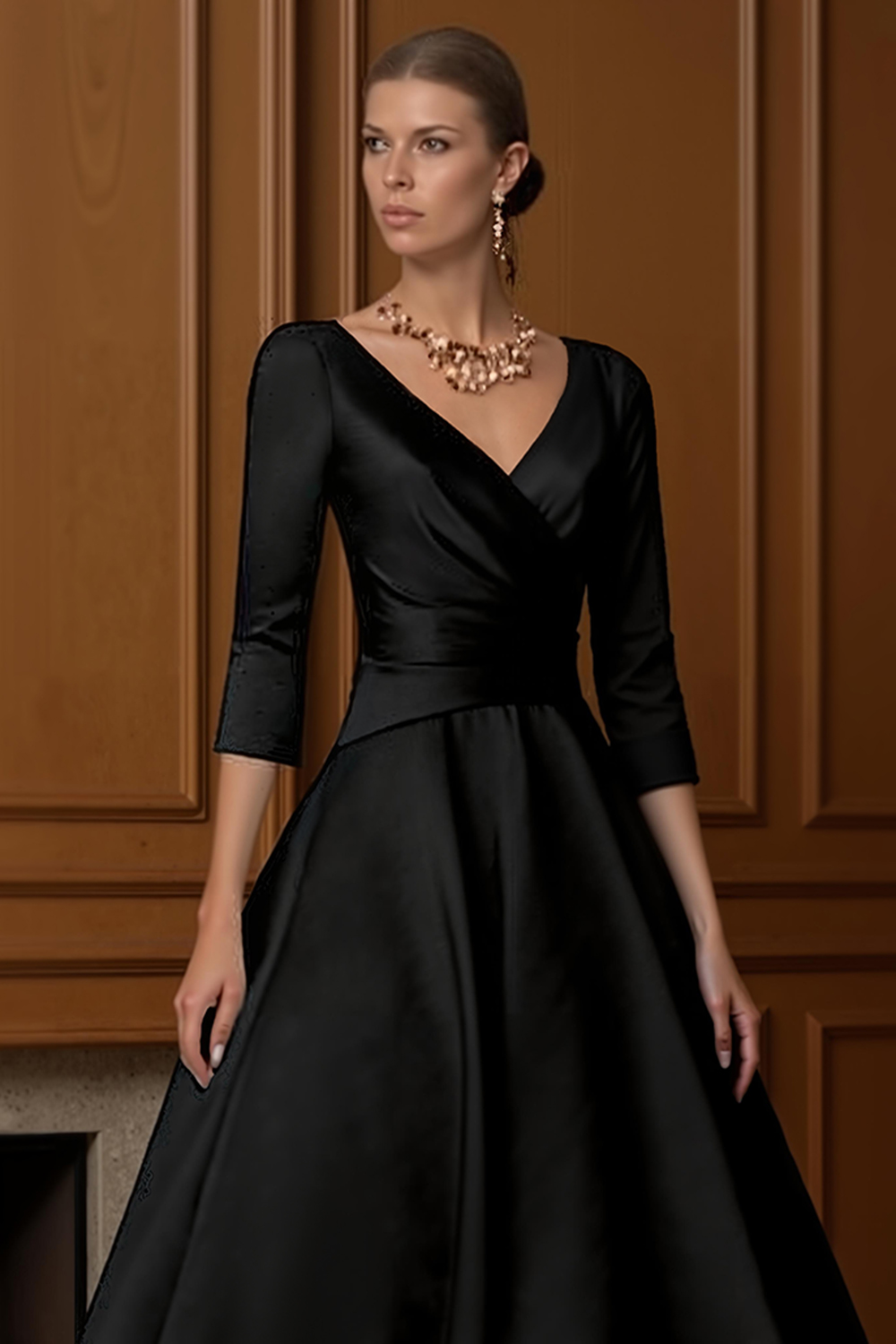 Champagne A-Line Ankle-Length Satin Mother of the Bride Dress with Sleeves