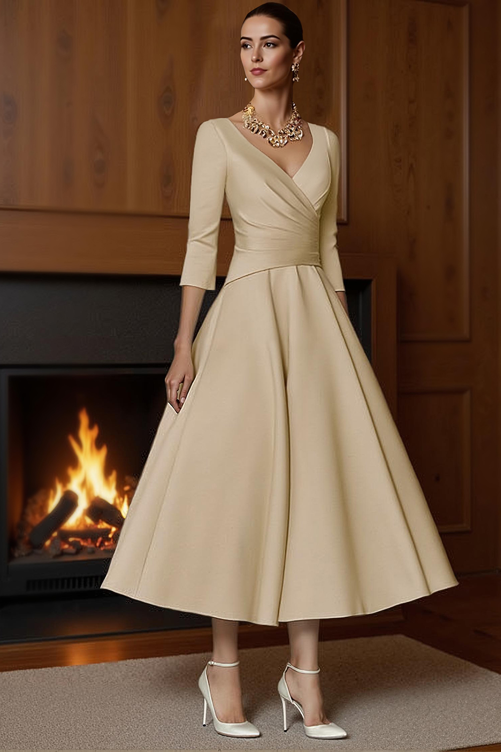 Champagne A-Line Ankle-Length Satin Mother of the Bride Dress with Sleeves