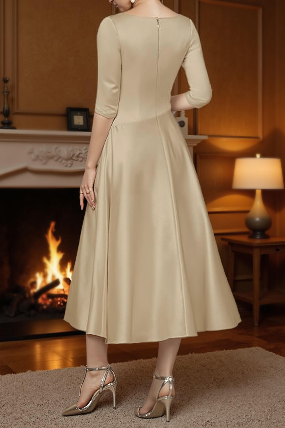 Champagne A-Line Ankle-Length Satin Mother of the Bride Dress with Sleeves