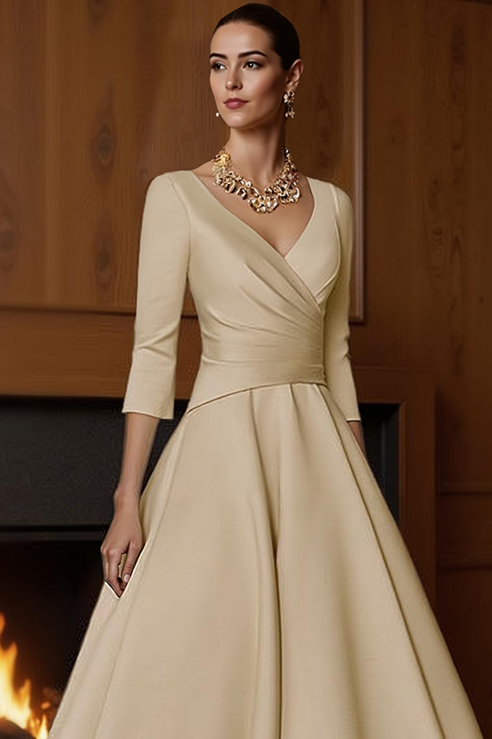 Champagne A-Line Ankle-Length Satin Mother of the Bride Dress with Sleeves