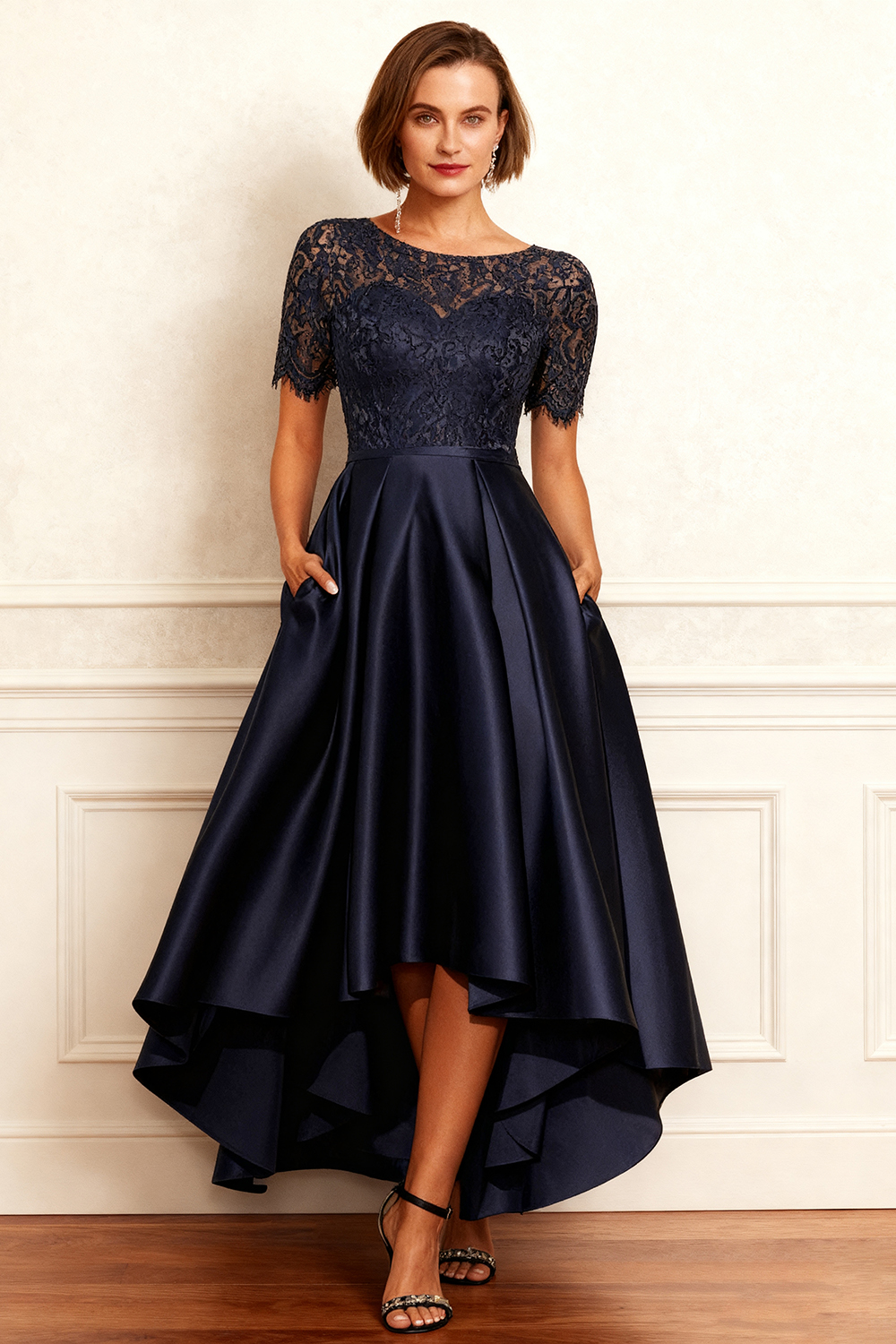 Navy Satin A Line Boat Neck High-Low Mother of the Bride Dress with Lace