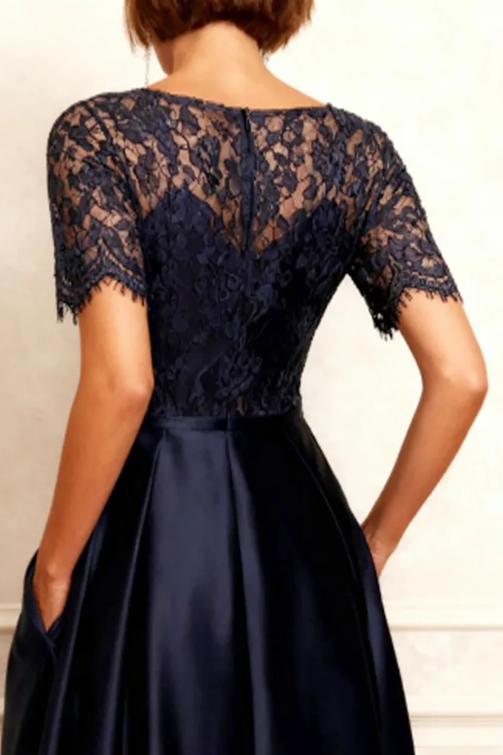 Navy Satin A Line Boat Neck High-Low Mother of the Bride Dress with Lace
