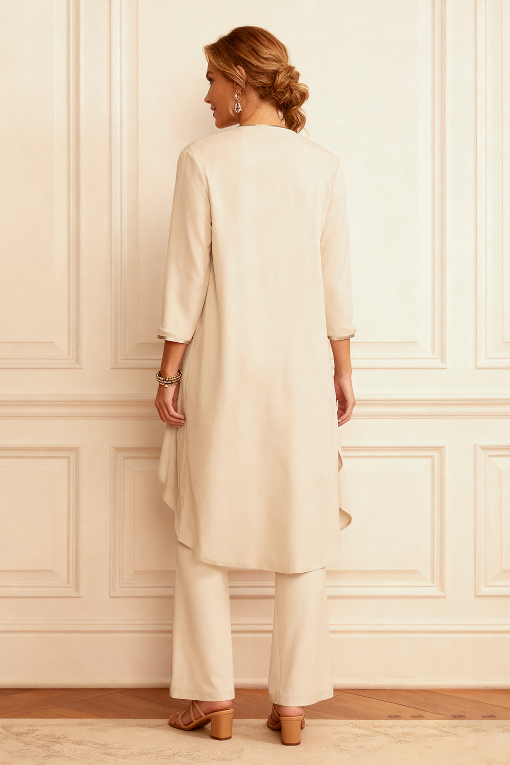 3-Piece Apricot Round Neck Mother of the Bride Pant Suits with Jacket