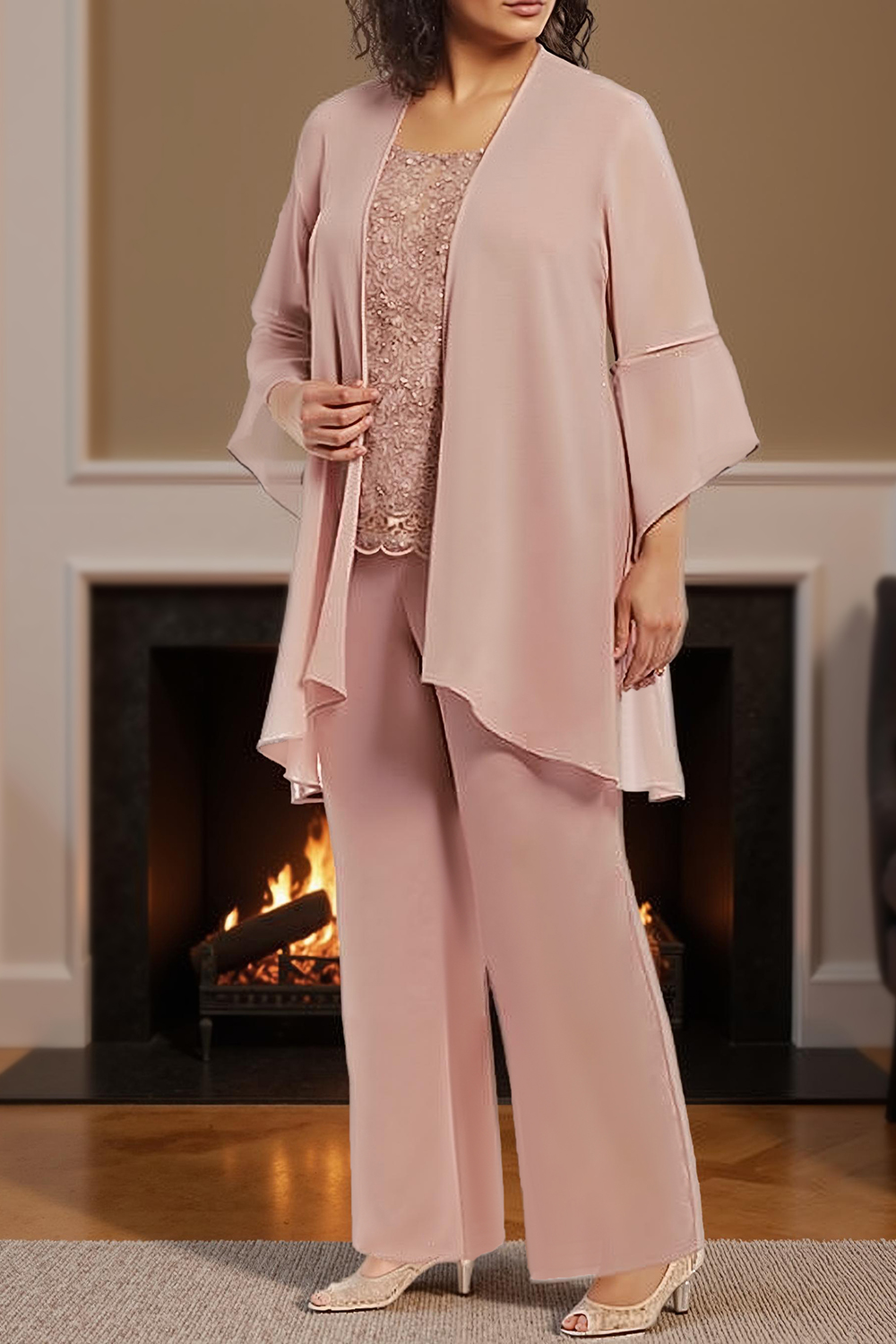 Dusty Rose Round Neck Chiffon 3-Piece Mother of the Bride Pant Suits with Lace