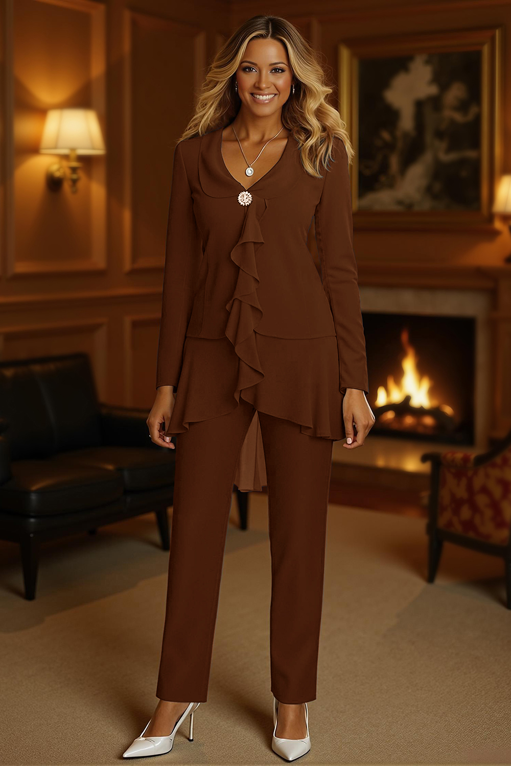 2-Piece Navy V-Neck Ruffled Chiffon Mother of the Bride Pant Suits with Sleeves