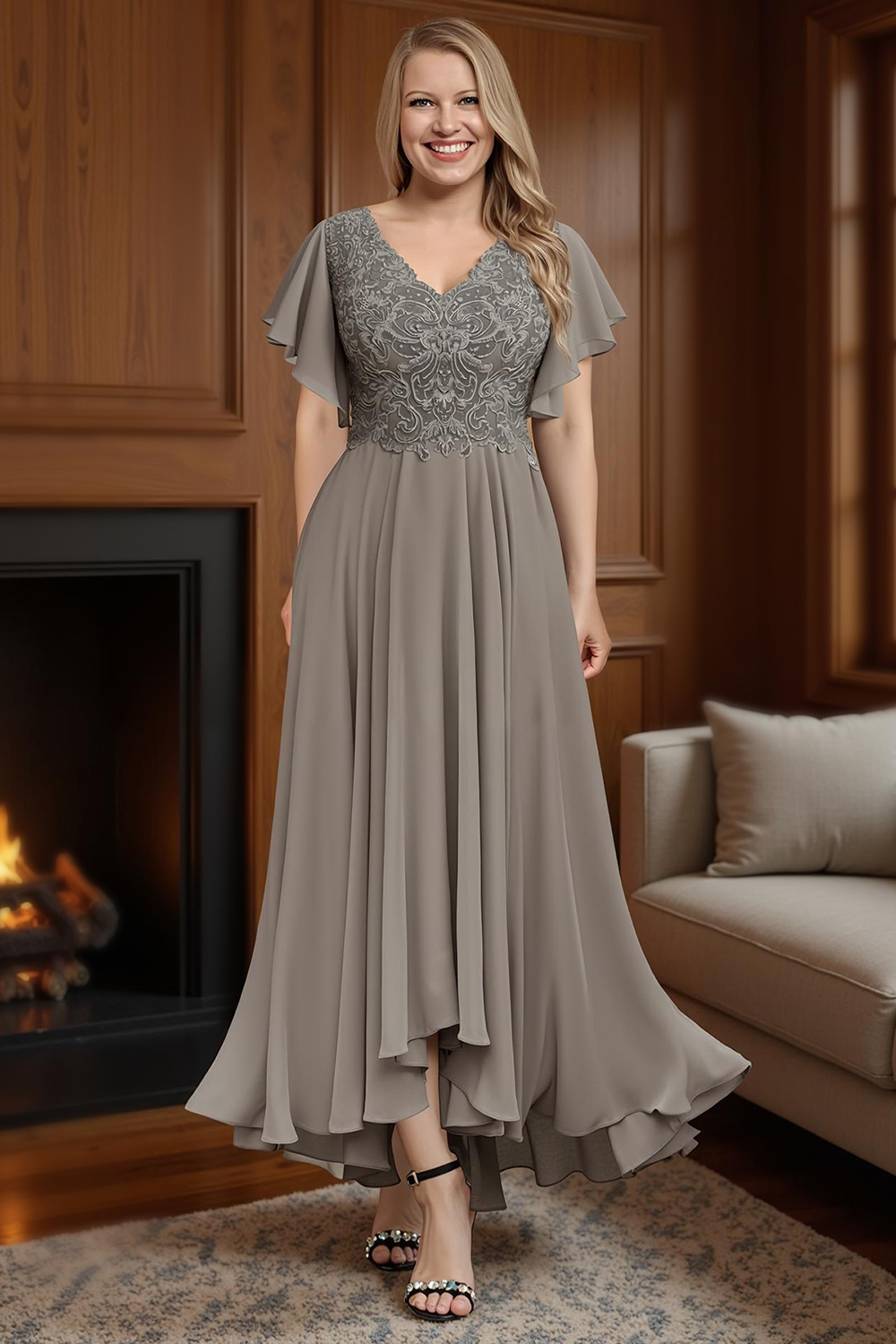 Dusty Blue Ruffled Sheath Chiffon Ankle-Length Plus Size Mother of the Bride Dress