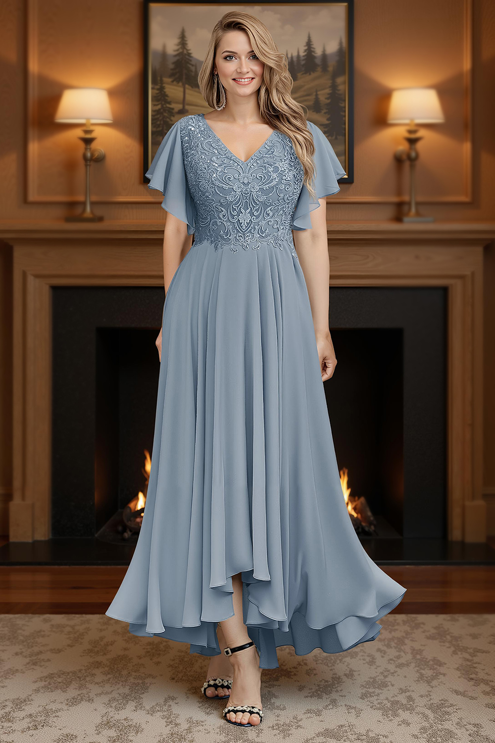 Dusty Blue Ruffled Sheath Chiffon Ankle-Length Plus Size Mother of the Bride Dress