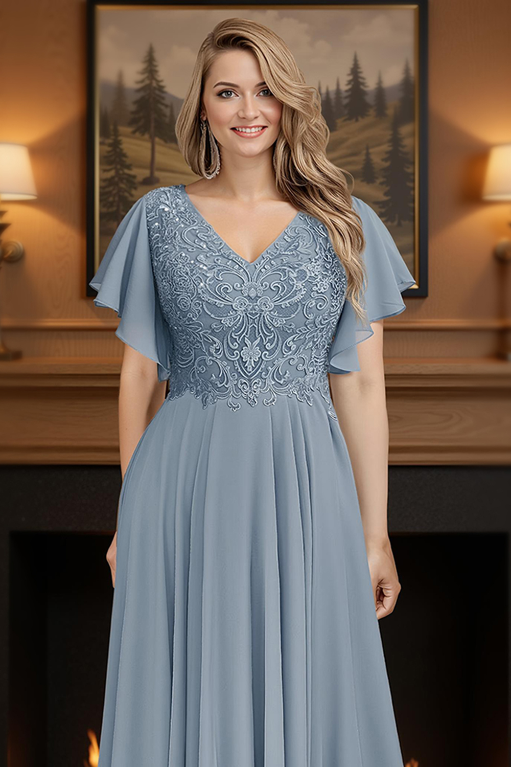 Dusty Blue Ruffled Sheath Chiffon Ankle-Length Plus Size Mother of the Bride Dress