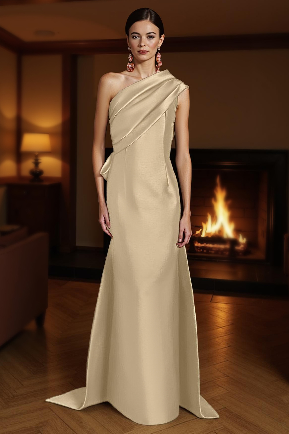 Champagne Satin One Shoulder Mermaid Floor-Length Mother of the Bride Dress
