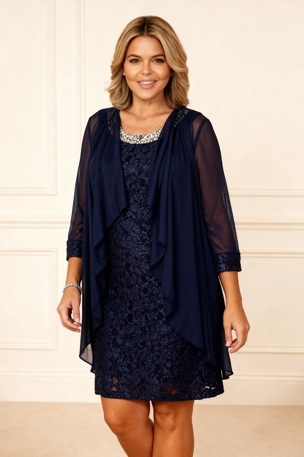 2-Piece Sparkly Navy Beaded Round Neck Knee-Length Mother of the Bride Dress with Jacket