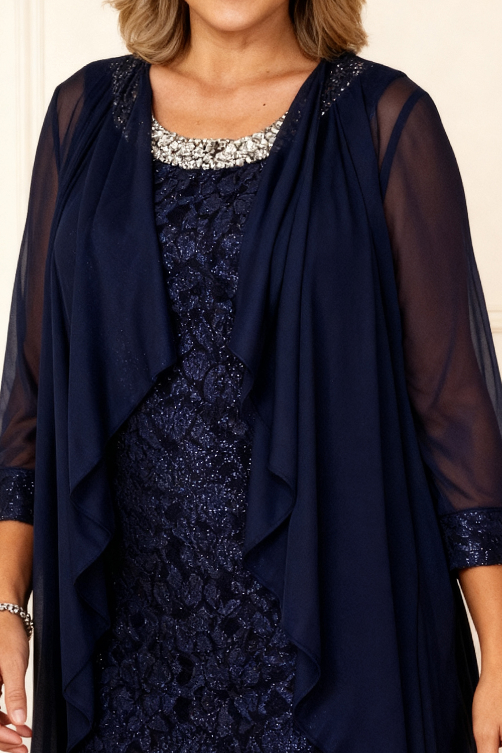 2-Piece Sparkly Navy Beaded Round Neck Knee-Length Mother of the Bride Dress with Jacket