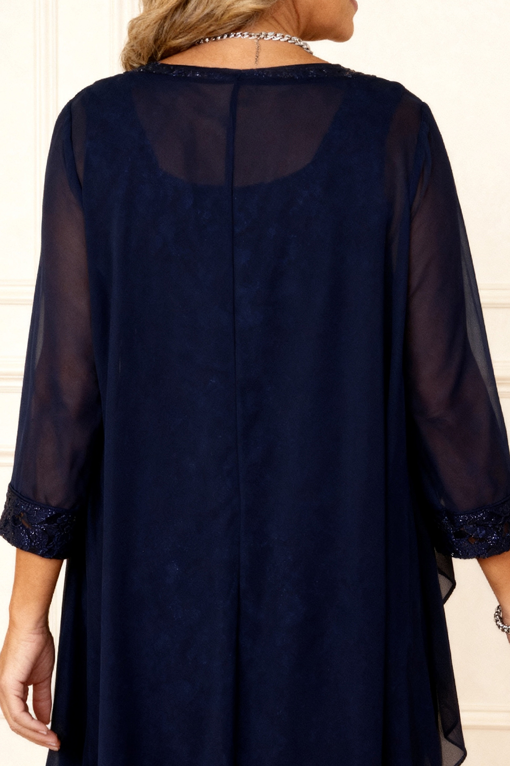 2-Piece Sparkly Navy Beaded Round Neck Knee-Length Mother of the Bride Dress with Jacket