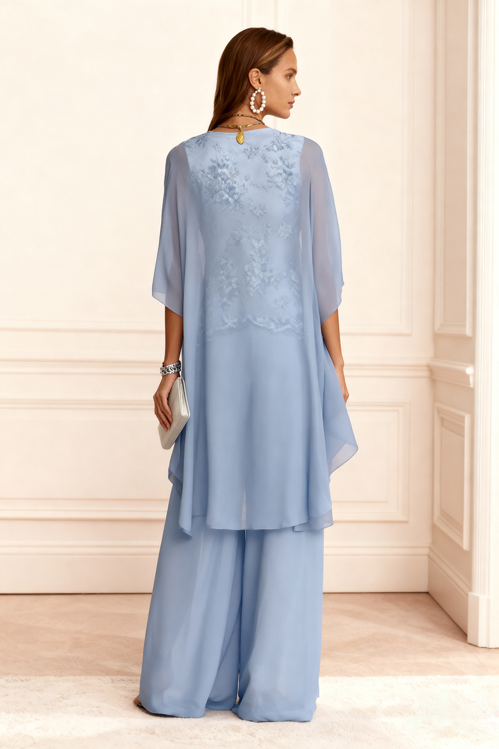 3-Piece Dusty Blue Round Neck Chiffon Mother of the Bride Pant Suits with Jacket