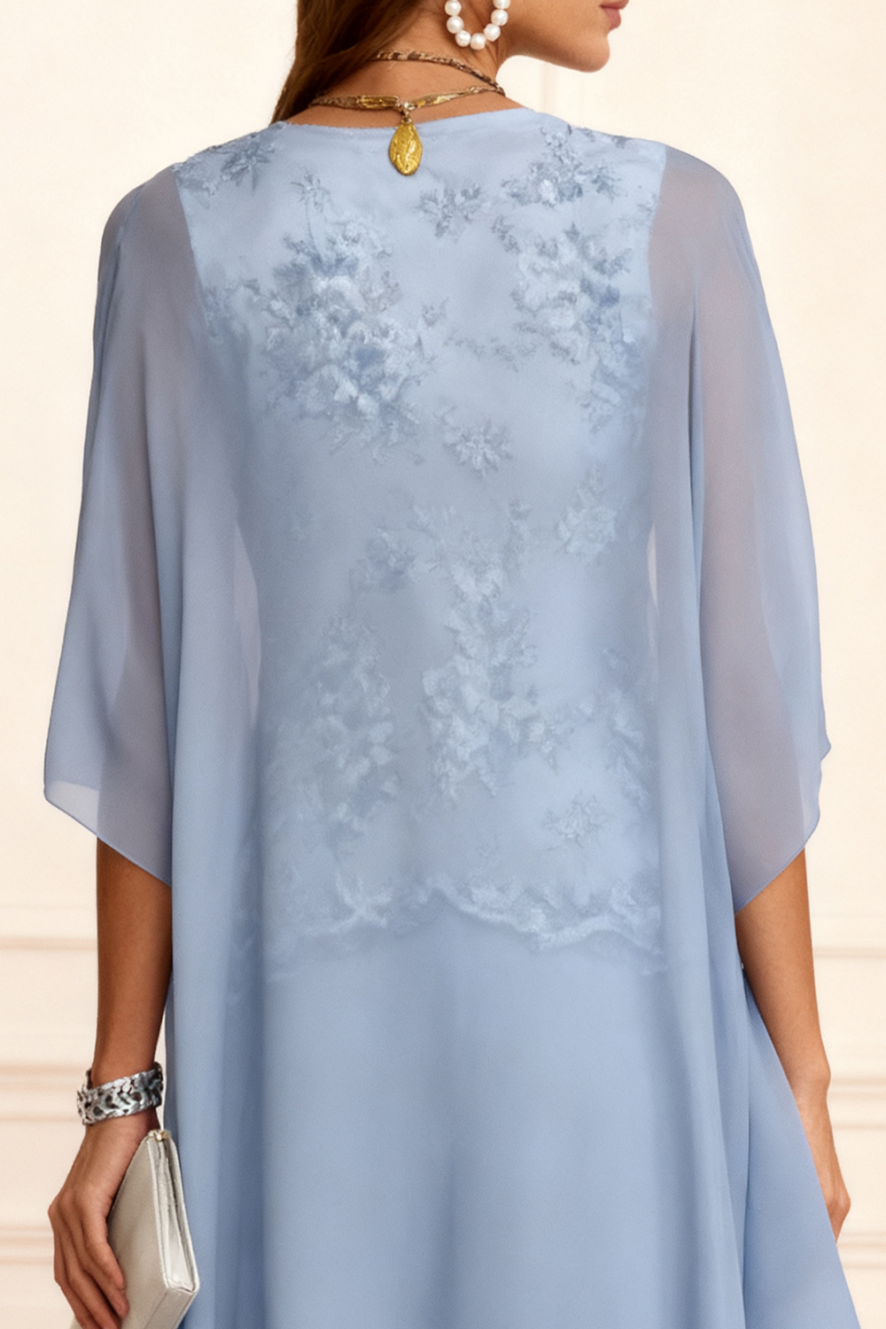 3-Piece Dusty Blue Round Neck Chiffon Mother of the Bride Pant Suits with Jacket