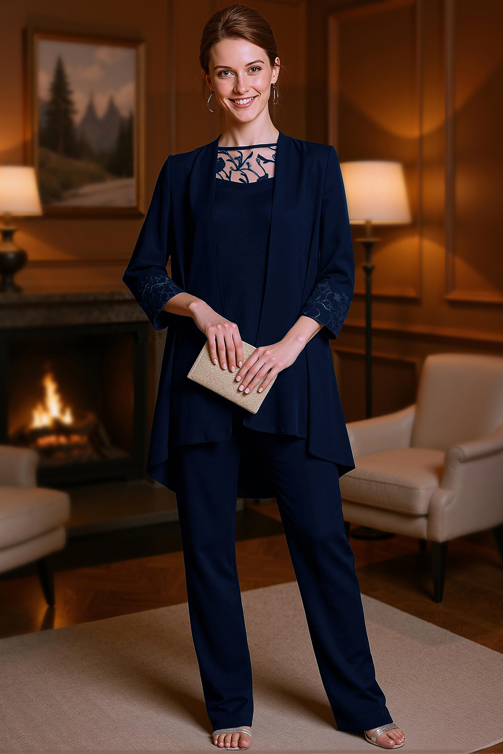 Dusty Rose Floral Bateau Neck Chiffon 3-Piece Mother of the Bride Pant Suits