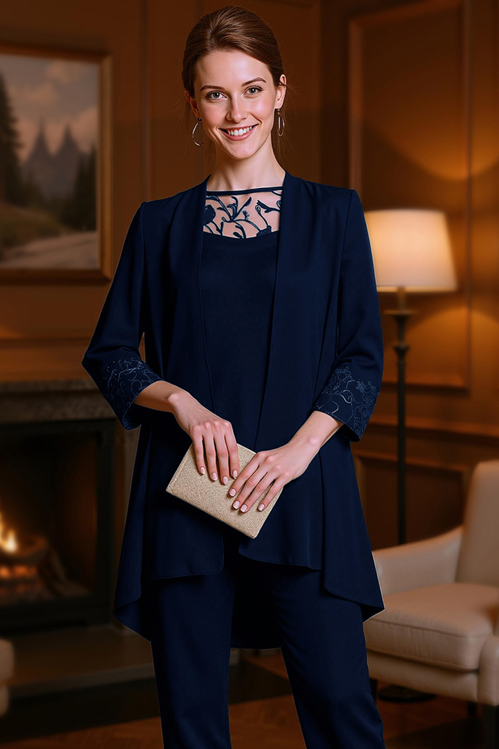 Dusty Rose Floral Bateau Neck Chiffon 3-Piece Mother of the Bride Pant Suits