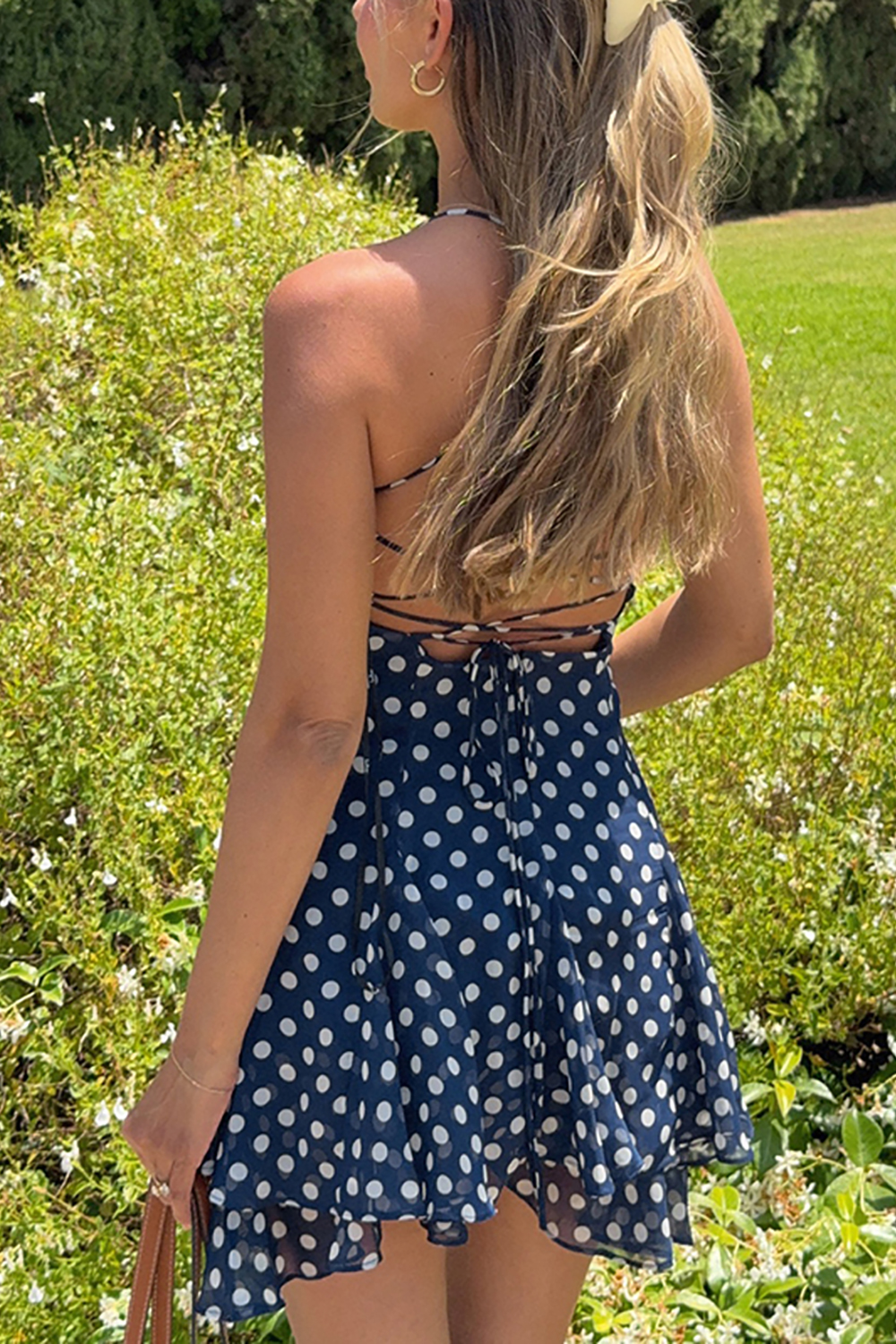 Navy A Line Polka Dots Tiered Mini Dress with Ruffles