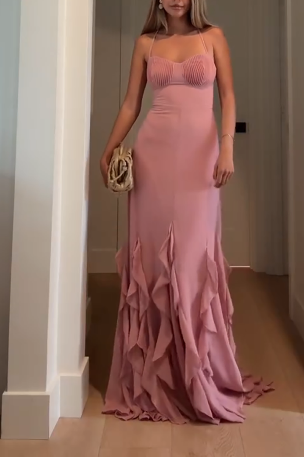 Blush Chiffon Spaghetti Straps Sheath Maxi Dress with Ruffles