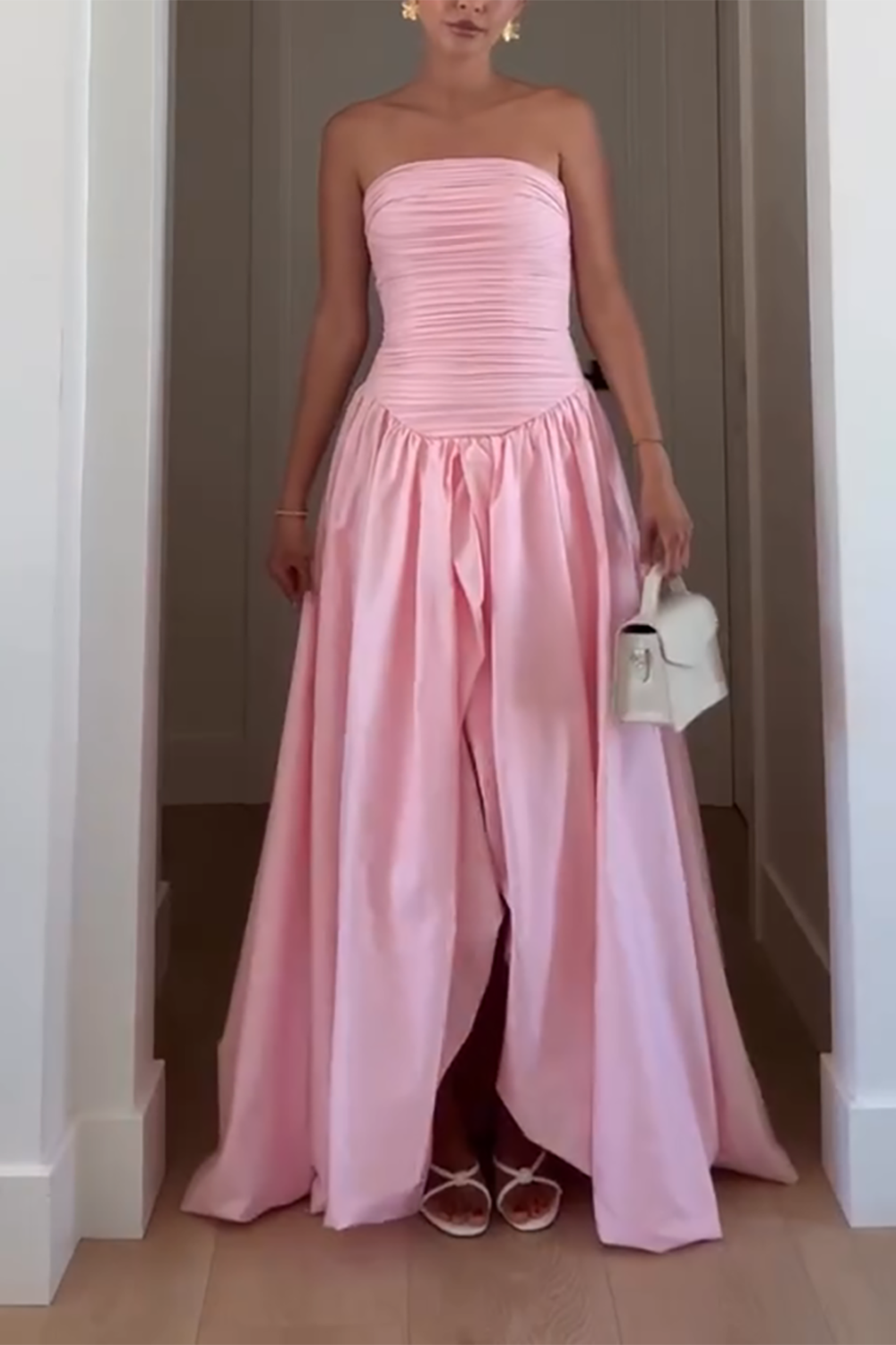 Pink Satin Starpless A-Line Pleated Maxi Dress with Slit
