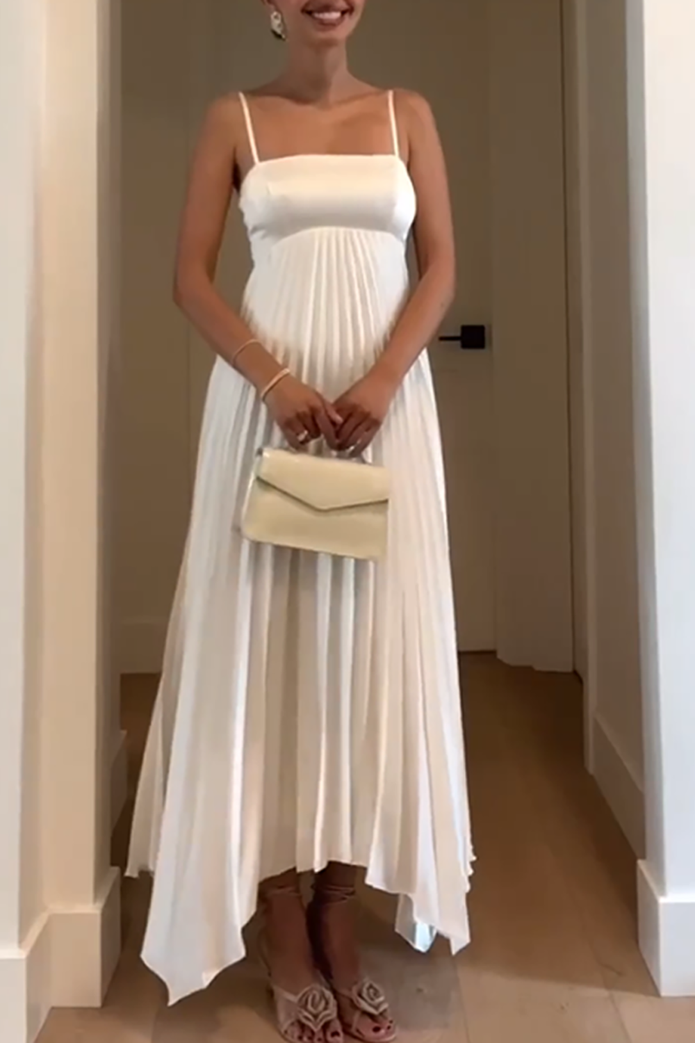 Simple White Spaghetti Straps A-Line Pleated Maxi Dress