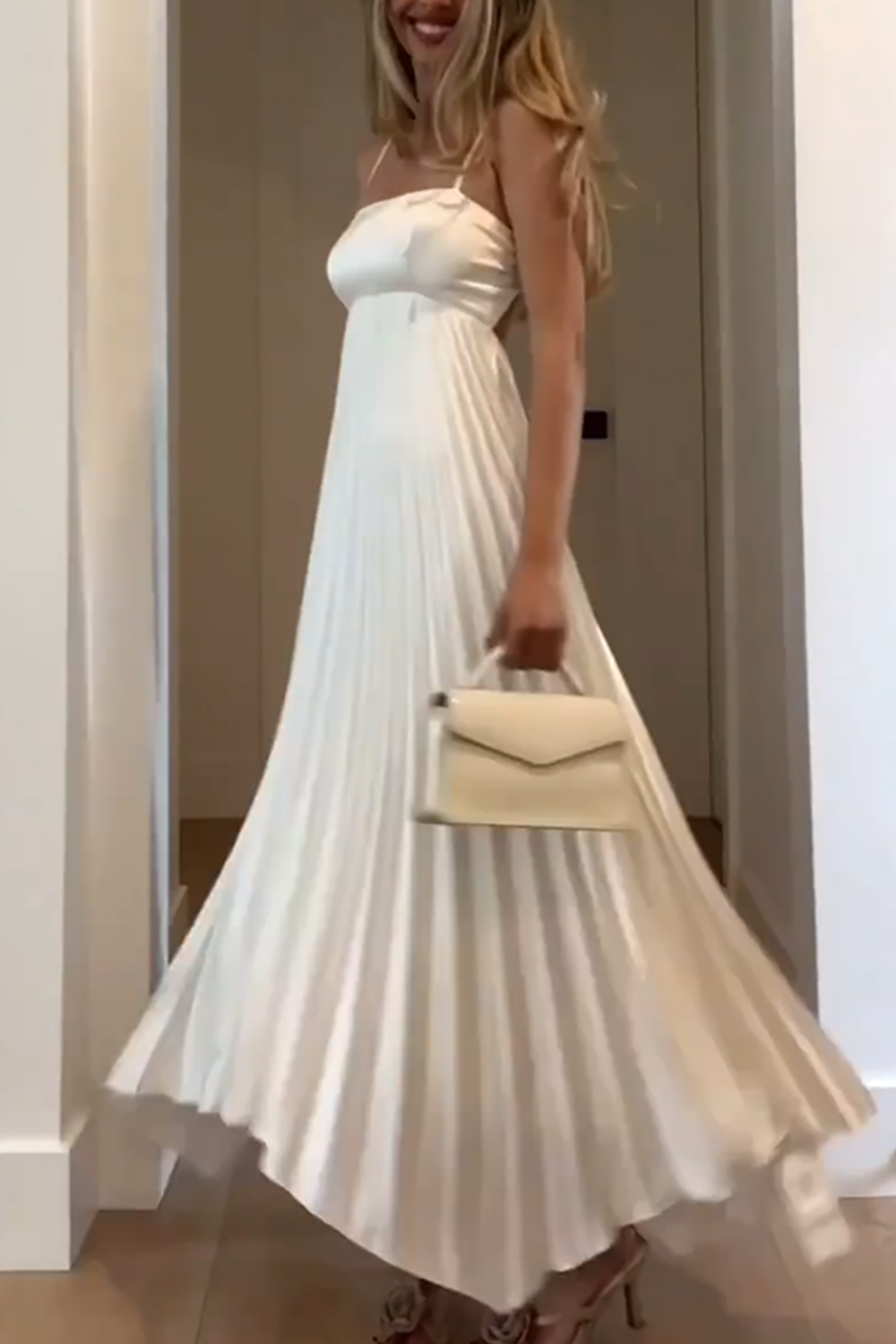 Simple White Spaghetti Straps A-Line Pleated Maxi Dress