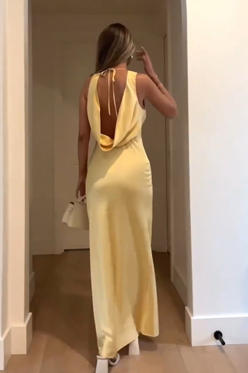 Yellow Satin Halter Sheath Backless Maxi Dress