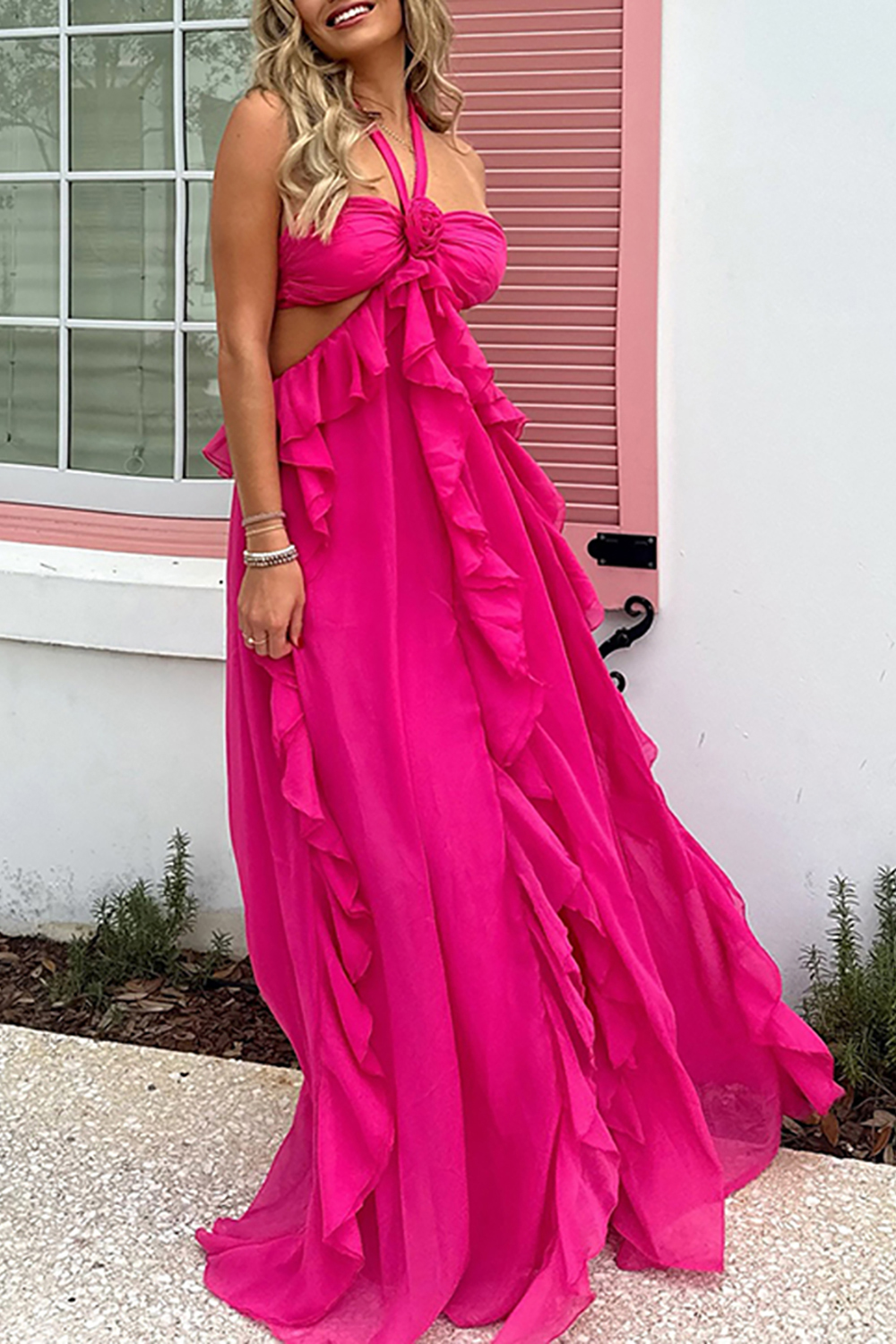 Fuchsia Floral A Line Cut Out Halter Maxi Dress with Ruffles