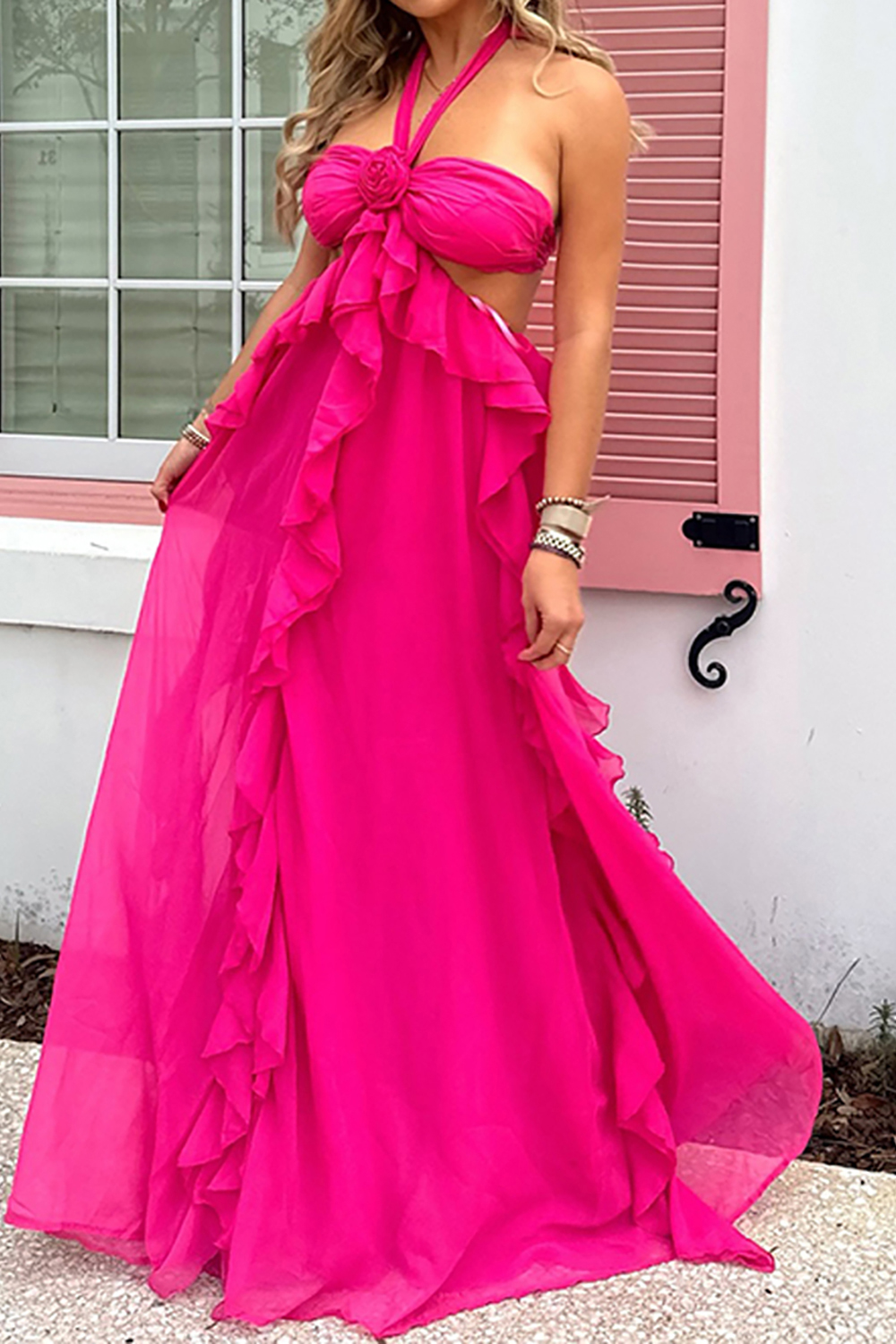 Fuchsia Floral A Line Cut Out Halter Maxi Dress with Ruffles