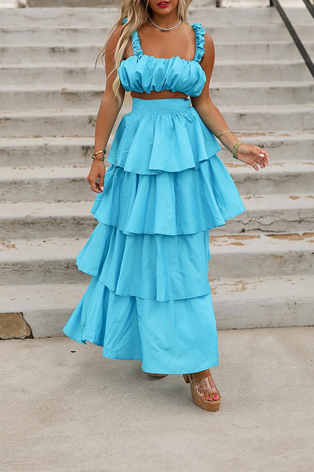 Blue Thick Straps A-Line Tiered 2-Piece Maxi Dress