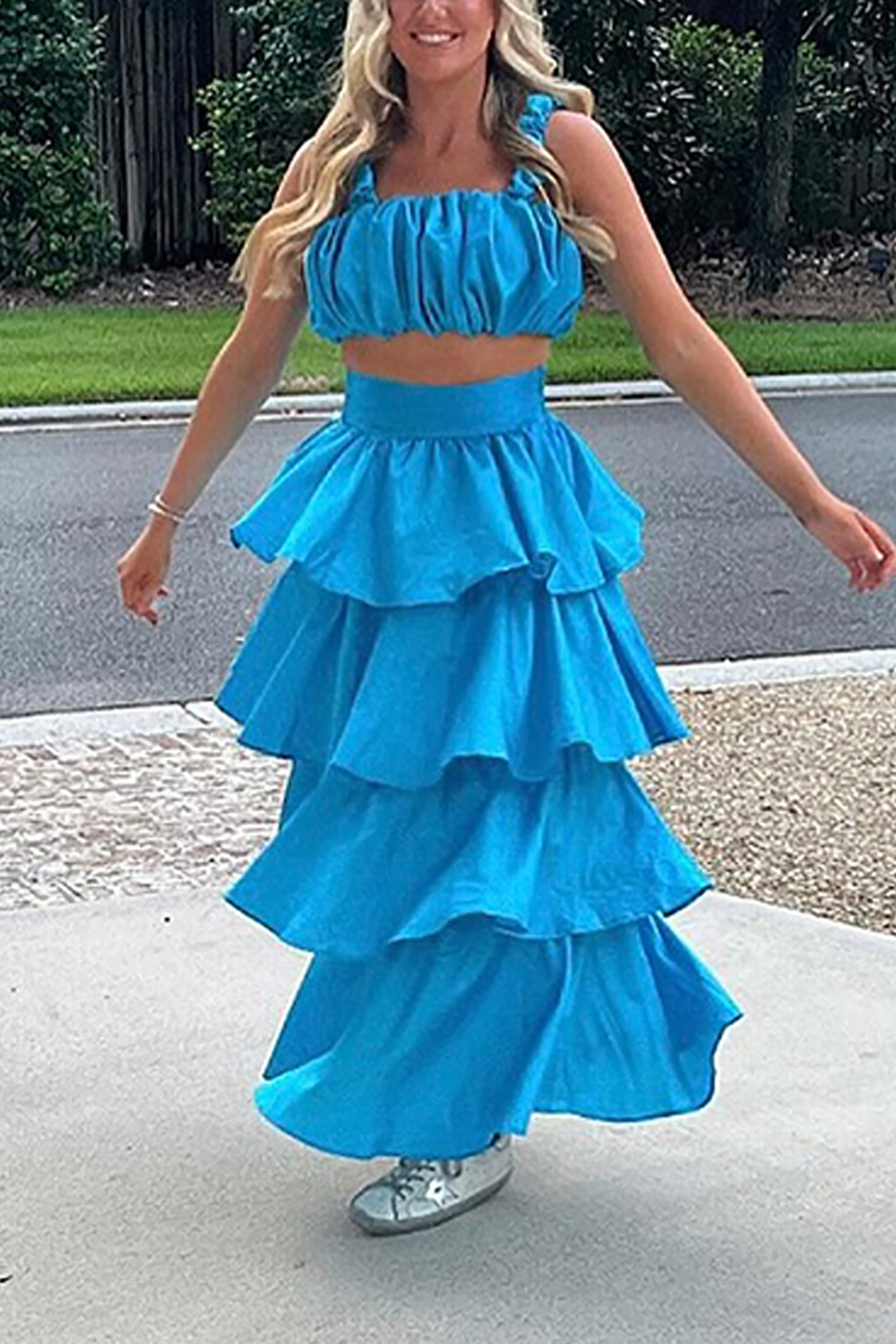 Blue Thick Straps A-Line Tiered 2-Piece Maxi Dress