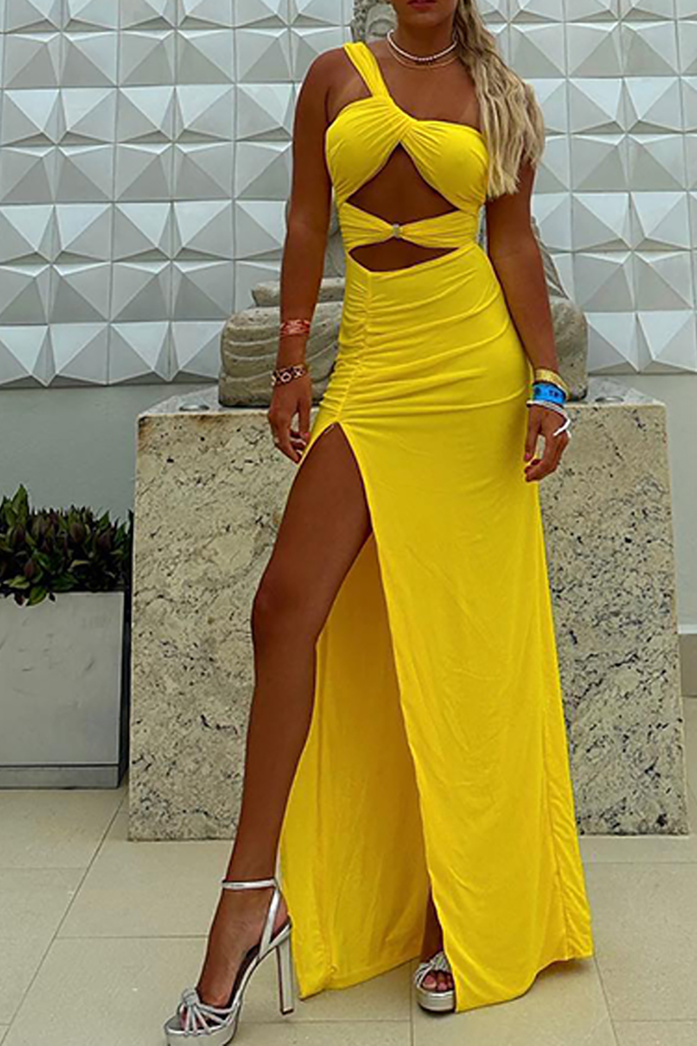 Yellow One Shoulder Cut Out Maxi Dress with Slit