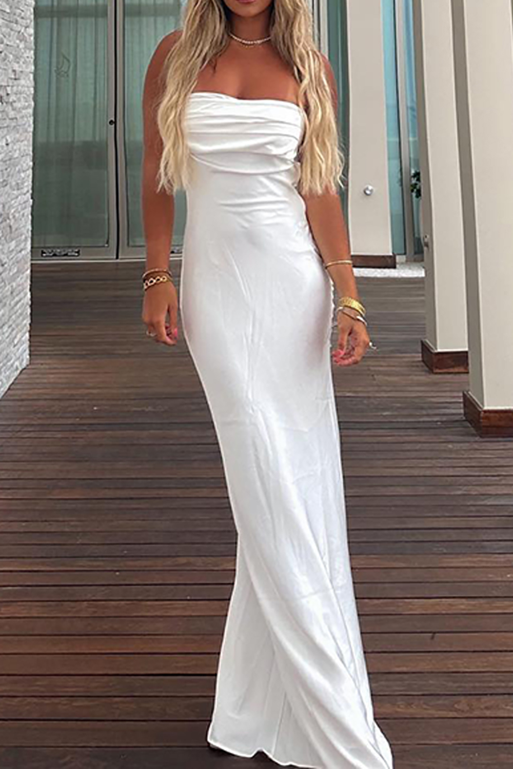Simple White Sheath Strapless Maxi Dress