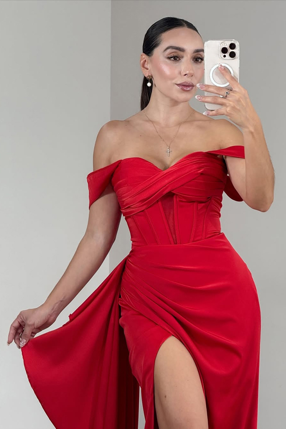 Red Satin Off the Shoulder Corset Long Prom Dress with Cape