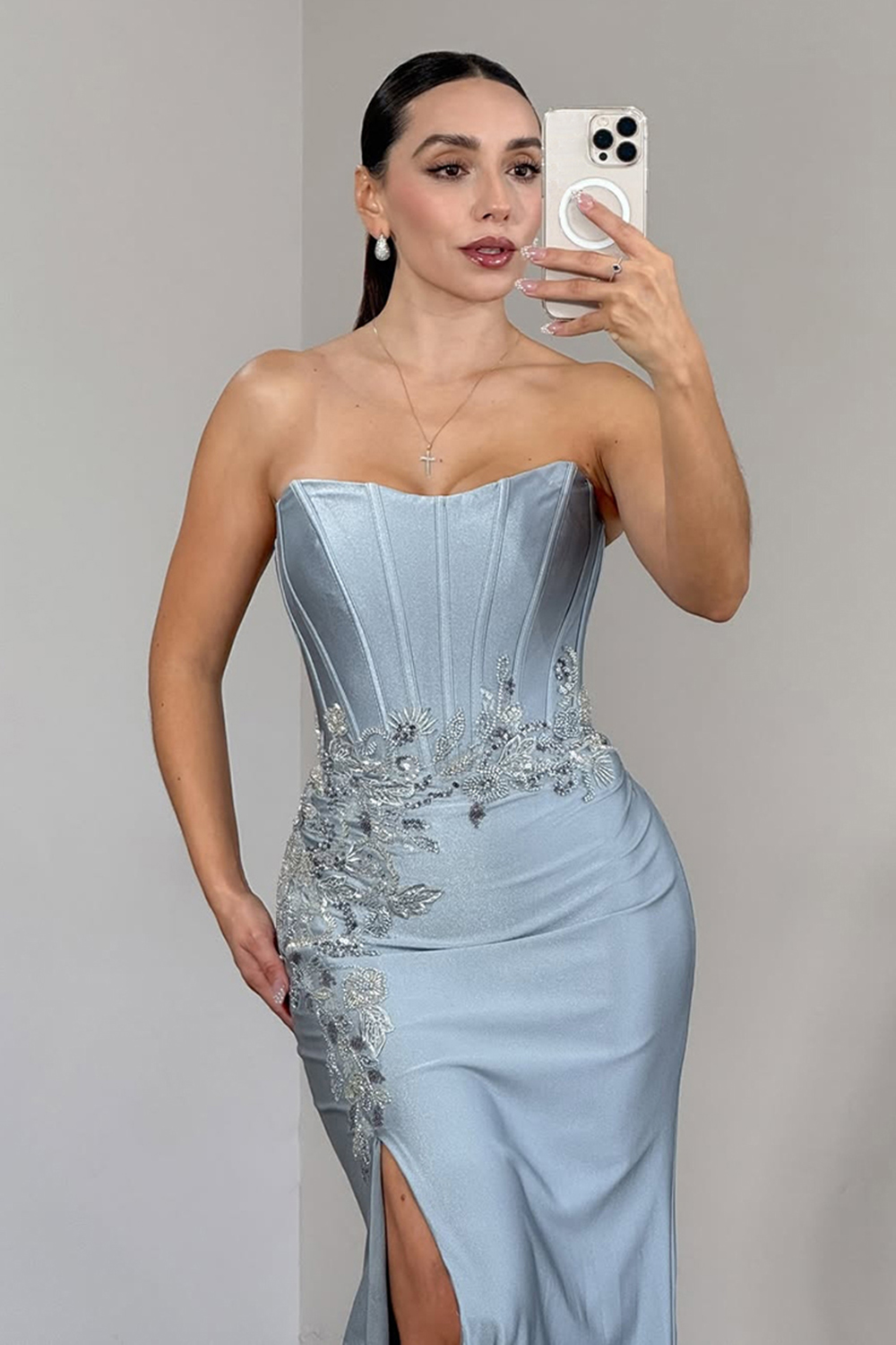 Sparkly Grey Blue Satin Corset Beaded Long Strapless Prom Dress with Slit